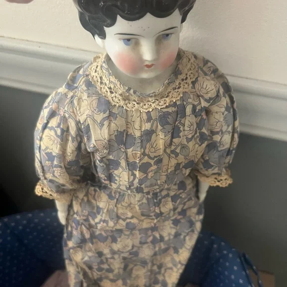 Vintage 18th century German China doll full body and basket